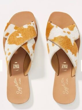 Seychelles White and Tan Cowhide Cross-Strap Slide Sandals